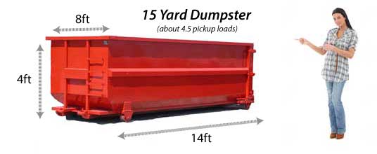 15 yard red dumpster container with size dimensions shown beside standing person for scale