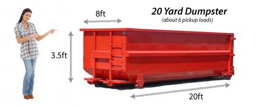 20 yard red dumpster container with size dimensions shown beside standing person for scale