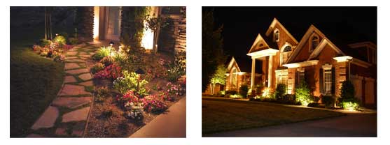 illuminated garden walkway and home exterior with landscape accent lighting at night