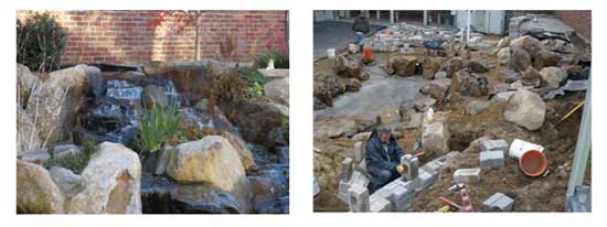 natural stone waterfall feature image next to water garden construction project