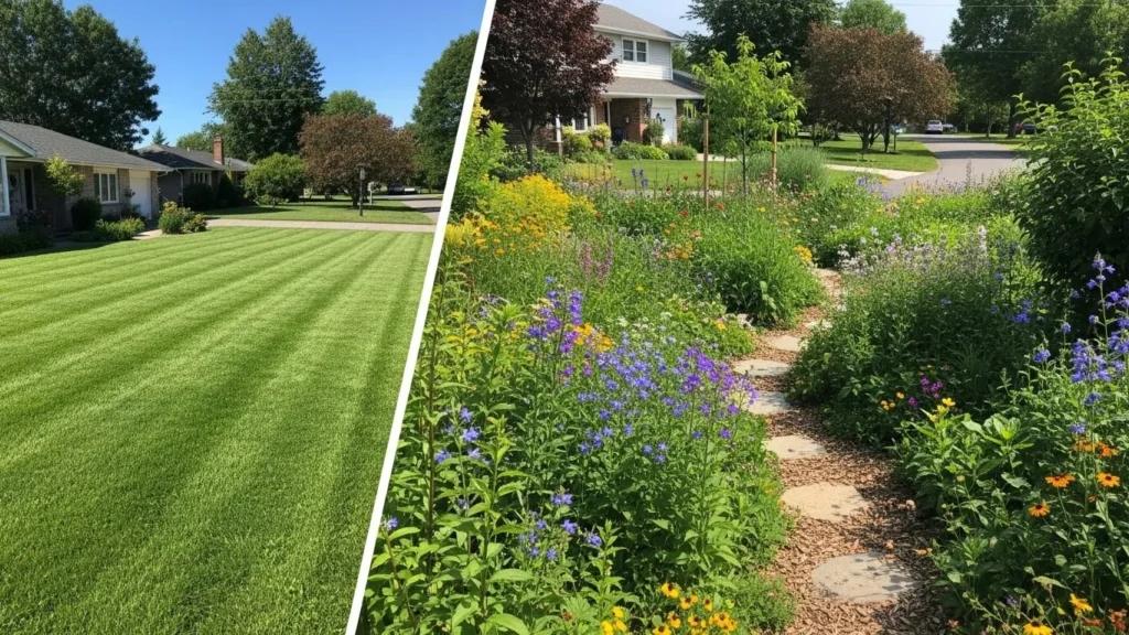 before and after of traditional striped lawn next to native flower rewilded landscape